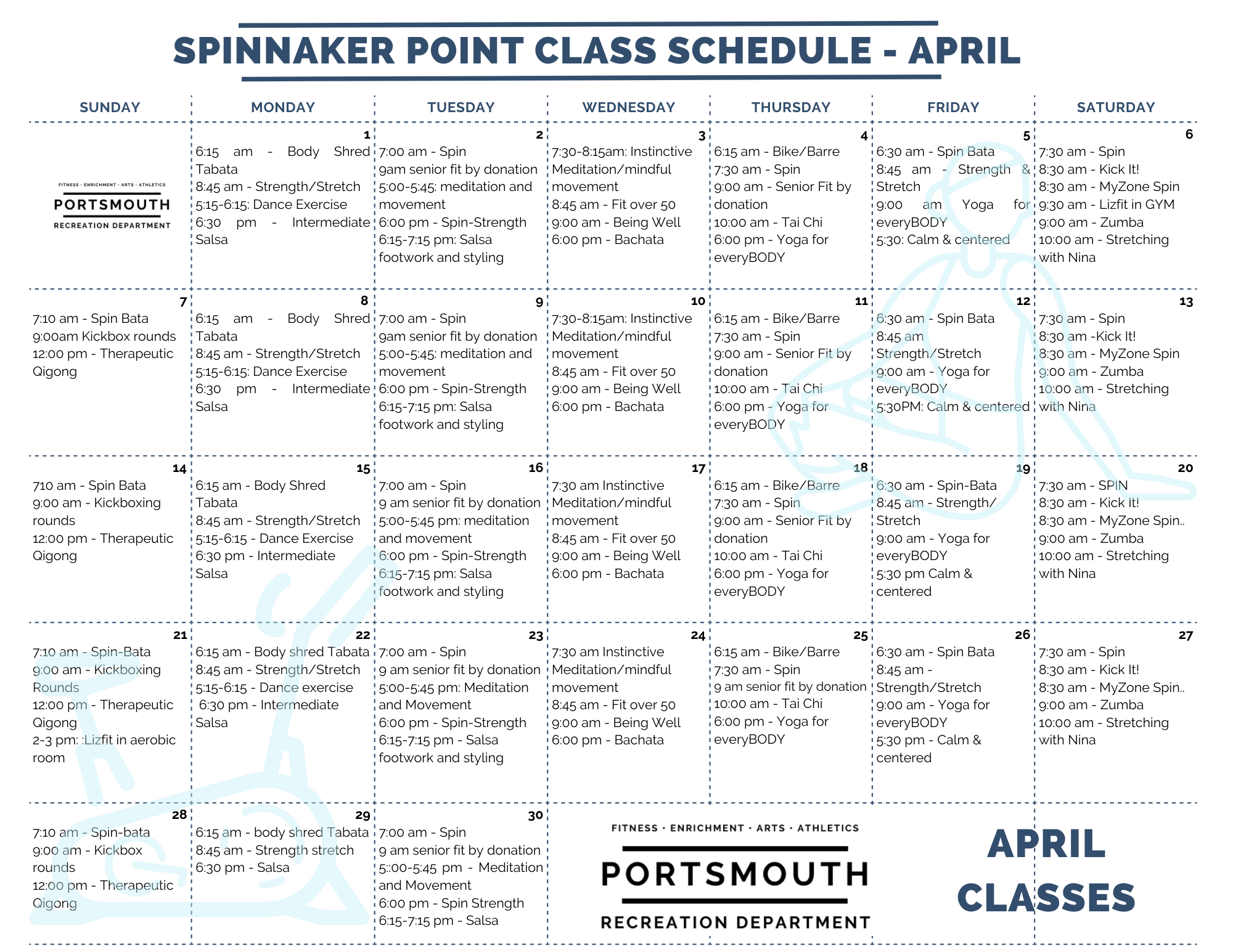 Spinnaker Point April schedule