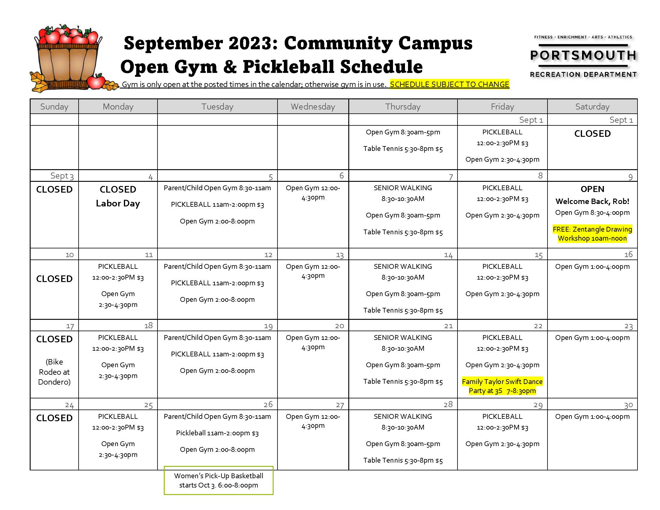 Open Gym Schedule - September 2023 - Community Campus