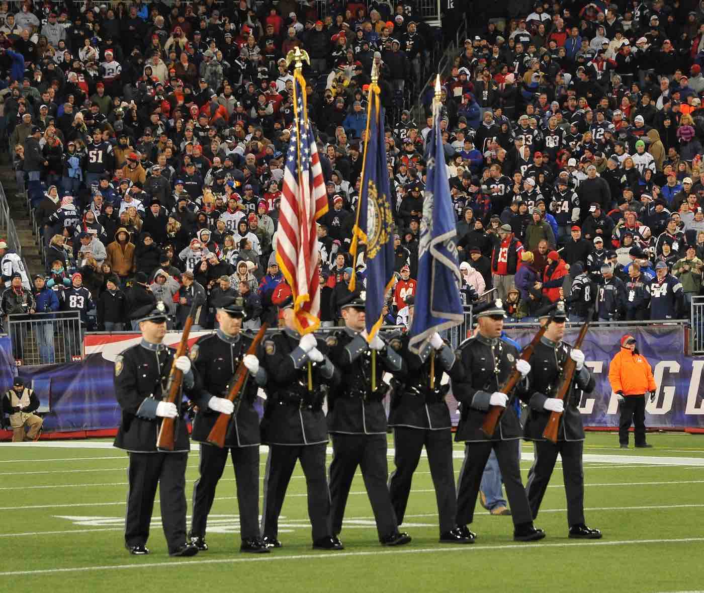 Honor Guard presenting colors at a Patriots Game