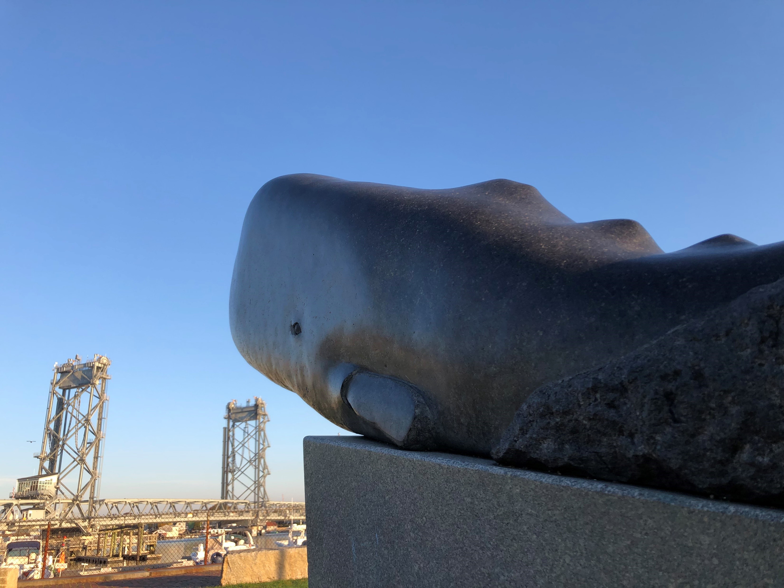 Whale Statue in Prescott Park with the Memorial Bridge in the background