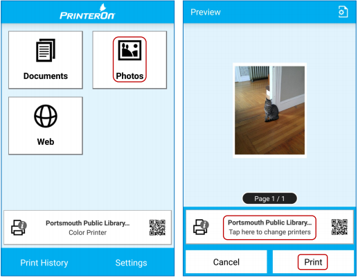 Screenshots of using the PrinterOn app for your mobile phone