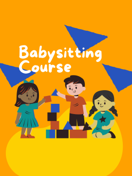 Decorative graphic advertising Babysitting Course featuring three children building with blocks