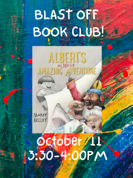 Colorful back ground with book cover of Alberts Almost Amazing Adventure 