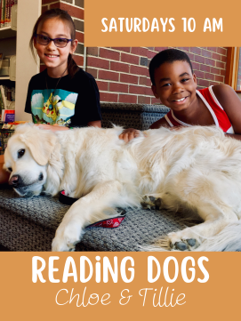 Two smiling readers with reclining golden retreiver in library sunroom. Caption: Reading Dogs Chloe & Tillie Saturdays 10 AM