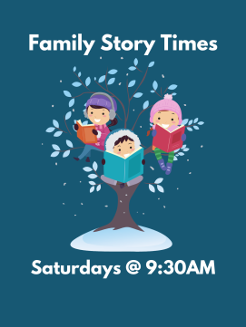 Family Story time - kids reading in snow tree  and link to online calendar