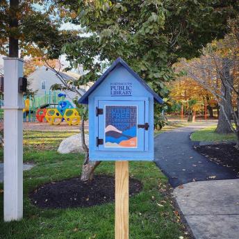 Little Free Library with autumn trees and playground in the background